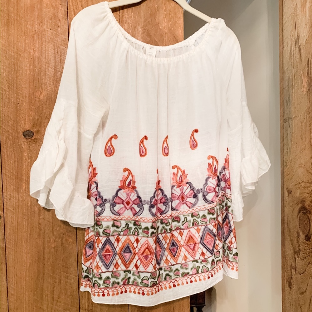 Boho bell sleeve embroidered cotton gauze top
